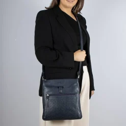 Cheap Sac Bandoulière en Cuir Bleu Marine Pétales Ponctuées Sacs Portés Travers